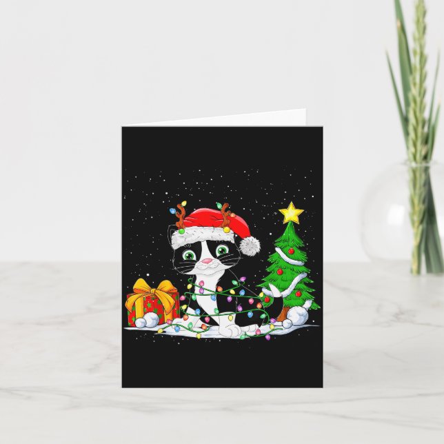 Cartão Cute Tuxedo Cat Santa Christmas Tree Lights Xmas T (Frente)