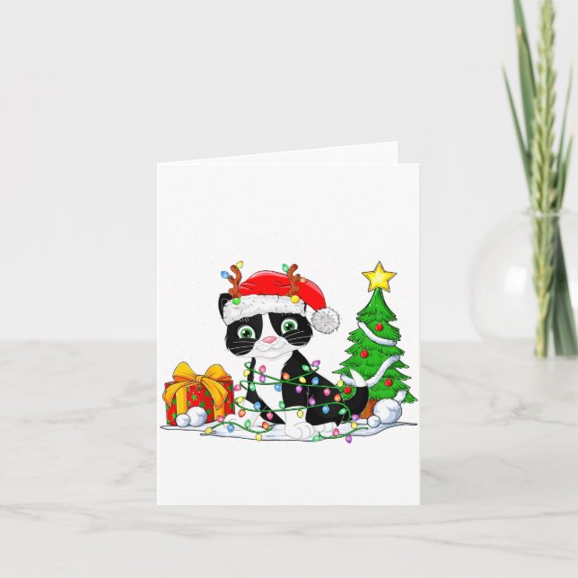 Cartão Cute Tuxedo Cat Santa Christmas Tree Lights Xmas T (Frente)