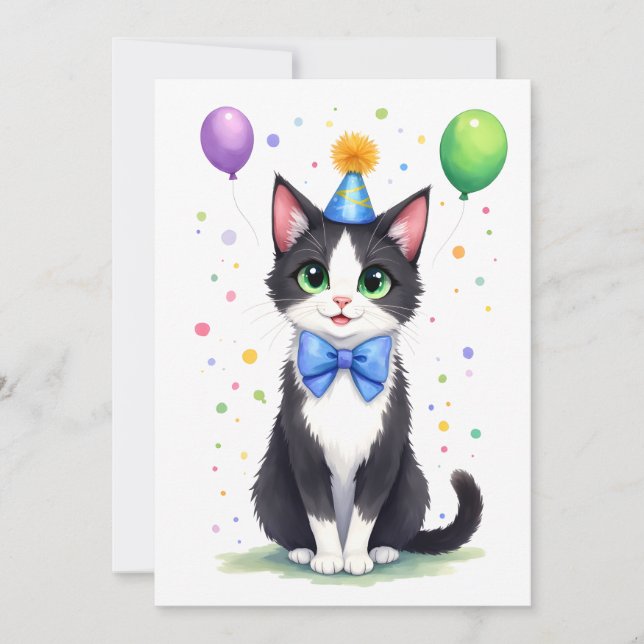 Cartão Cute Tuxedo Cat with a Bow Tie Happy Birthday (Frente)