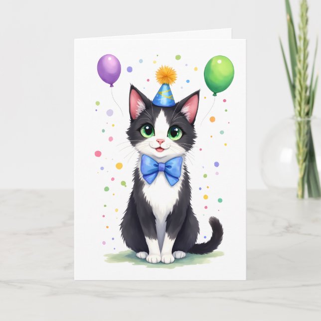 Cartão Cute Tuxedo Cat with a Bow Tie Happy Birthday (Frente)