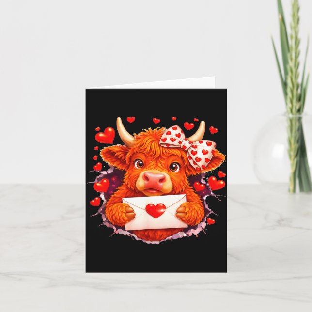 Cartão Cute Valentine Highland Cow With Heart Bow Western (Frente)