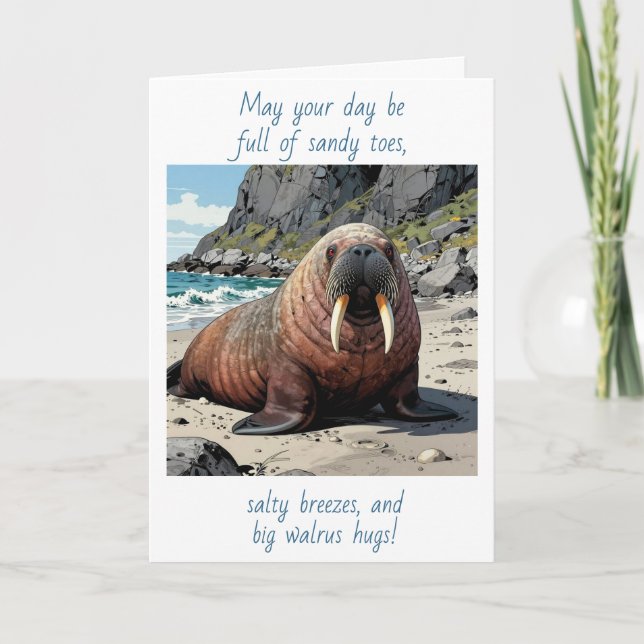 Cartão Cute Walrus on a Sandy Beach | Thinking of You (Frente)