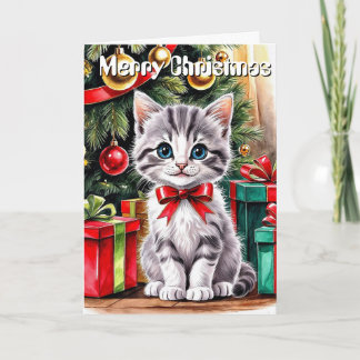 Cartão Cute Watercolor Christmas Cat Personalized Greetin
