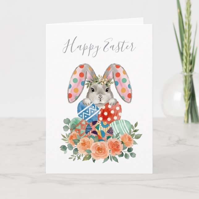 Cartão Cute Watercolor Floral Easter Bunny Eggs (Frente)