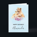 Cartão Cute Watercolor Mother Lion & Cub Birthday<br><div class="desc">Happy birthday greeting card with a cute watercolor painting of a mother lion holding her baby cub. Some pretty floral flowers below them,  adds a gentle touch to this sweet and adorable image.</div>