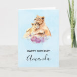 Cartão Cute Watercolor Mother Lion & Cub Birthday<br><div class="desc">Happy birthday greeting card with a cute watercolor painting of a mother lion holding her baby cub. Some pretty floral flowers below them,  adds a gentle touch to this sweet and adorable image.</div>
