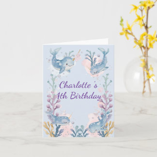 Cartão Cute Watercolor Narwhal Whale fish Seamless Sea 