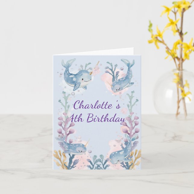 Cartão Cute Watercolor Narwhal Whale fish Seamless Sea  (Flor Amarela)