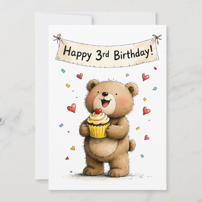 Cartão Cute Whimsical Teddy Bear Happy 3rd Birthday Flat (Frente)