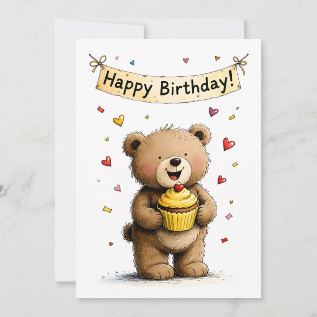 Cartão Cute Whimsical Teddy Bear Happy Birthday Flat (Frente)