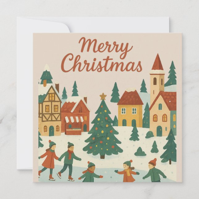 Cartão Cute Whimsical Winter Town Merry Christmas Card (Frente)