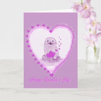 Cartão Cute White Baby Sea Otter , Happy Valentines Day