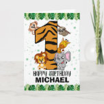 Cartão Cute Wild One Safari Jungle Animals First Birthday<br><div class="desc">Is your little boy or girl turning one? This Wild One design is perfect for their 1st birthday. The jungle safari theme features a cartoon illustrated monkey,  sloth,  elephant,  lion,  and giraffe,  as well as a tiger stripe number 1! Throw a first birthday party with this jungle design!</div>