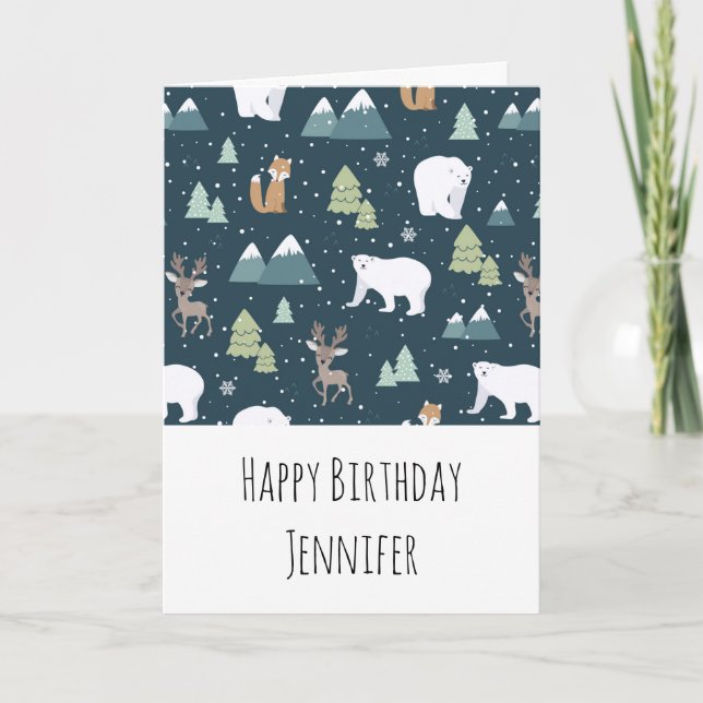 Cartão Cute Winter Animals Pattern Rustic Birthday (Frente)
