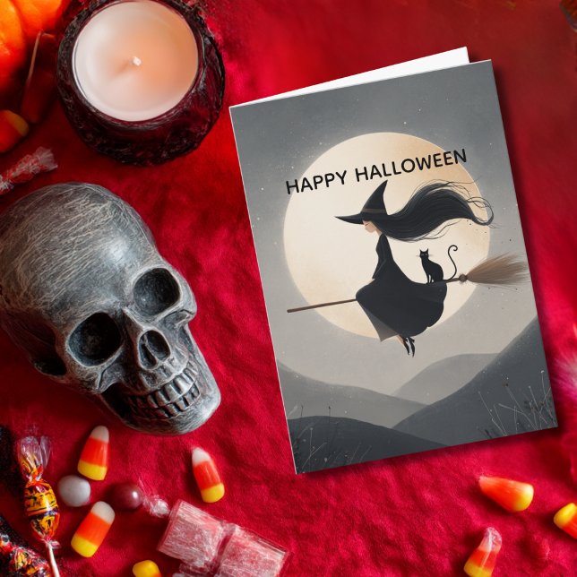 Cartão Cute Witch Girl her Broom & Cat Kids Halloween (Criador carregado)