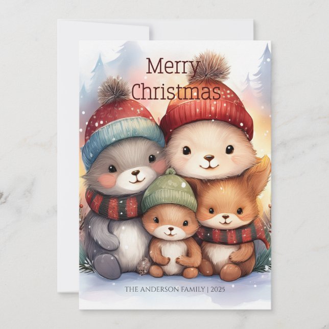 Cartão Cute Woodland Animal Family Merry Christmas (Frente)