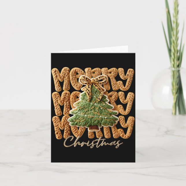 Cartão Cute Yarn Crochet Preppy Merry Christmas Tree Bow  (Frente)