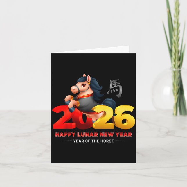 Cartão Cute Year Of The Horse -black Fun Happy Lunar New  (Frente)