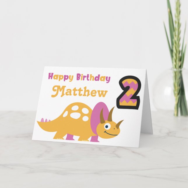 Cartão Cute Yellow Dinosaur 2nd Birthday Card (Frente)