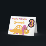 Cartão Cute Yellow Dinosaur 3rd Birthday Card<br><div class="desc">A bright and cute yellow/pink dinosaur 3rd birthday card! You can personalize the design to add the name of the birthday boy/girl!</div>