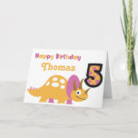 Cartão Cute Yellow Dinosaur 5th Birthday Card<br><div class="desc">A bright and cute yellow/pink dinosaur 5th birthday card! You can personalize the design to add the name of the birthday boy/girl!</div>