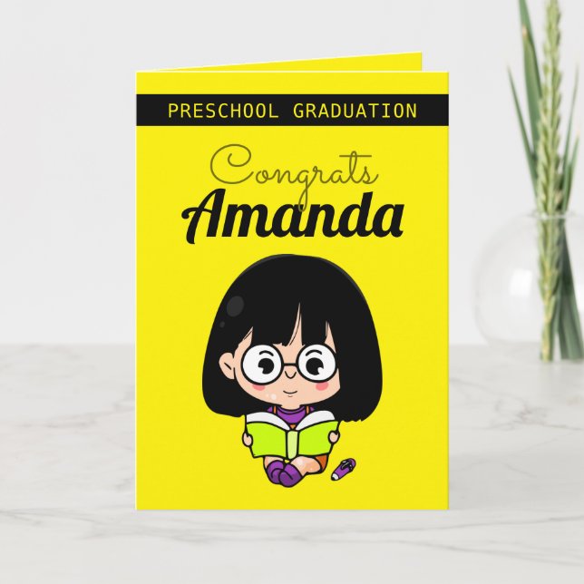Cartão Cute Yellow Girl Preschool Graduation (Frente)