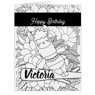 Cartão Cute Yoga Llama Aniversário Floral Colorir