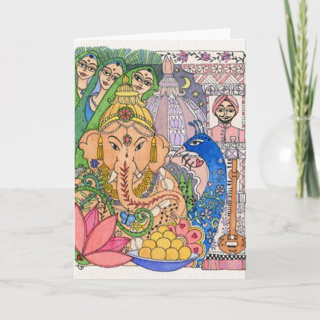 Cartão da arte - Ganesh e senhoras do pavão (Frente)