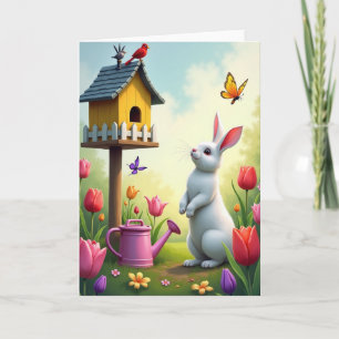 Cartão da Lebre da Primavera e da Casa de Pássaros
