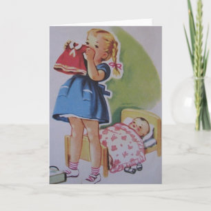 Cartão da menina e da boneca da criança do vinta
