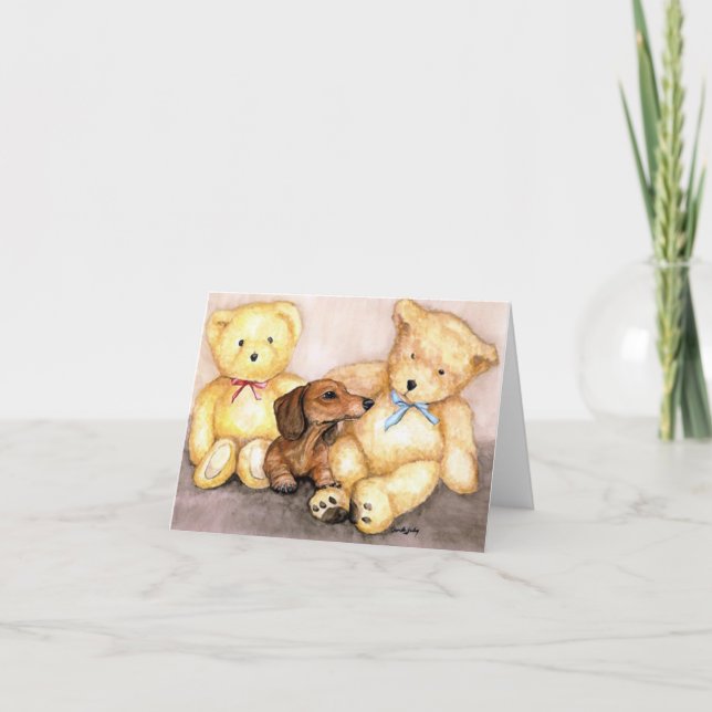 Cartão "Dachshund and Bear Friends", Notecard de Arte Can (Frente)