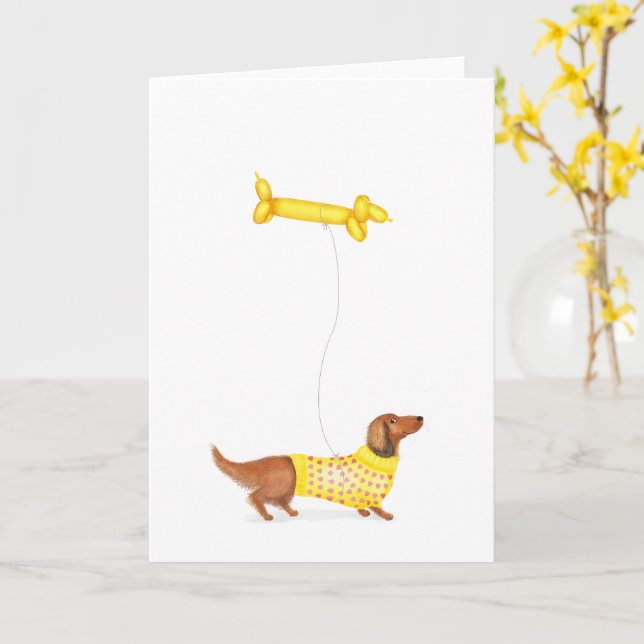Cartão Dachshund bonito com cartão-balão para cães de sal (Flor Amarela)