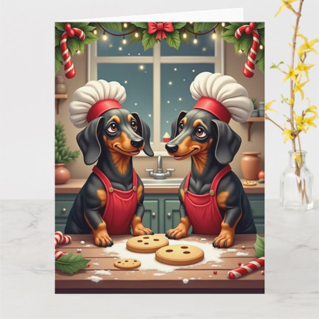 Cartão Dachshund Christmas Cookie Bakers Holiday Painting (Flor Amarela)