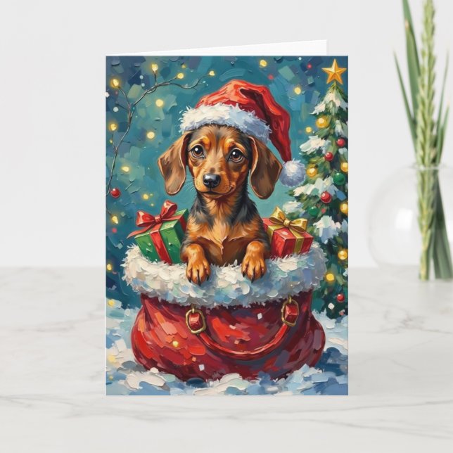 Cartão Dachshund Christmas Santa Bag Adventure (Frente)