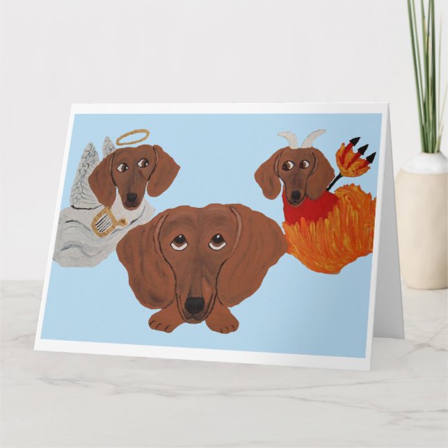 Cartão Dachshund com anjo e demônio (Frente)