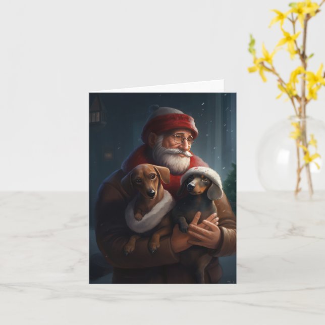 Cartão Dachshund Com Papai Noel Natal Festivo (Flor Amarela)