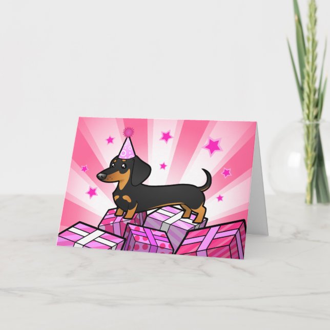 Cartão Dachshund de aniversário rosa (casaco suave) (Frente)
