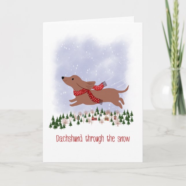 Cartão Dachshund de Natal Através da Neve (Frente)