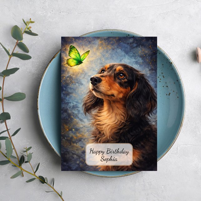 Cartão Dachshund e Borboleta Verde (Criador carregado)