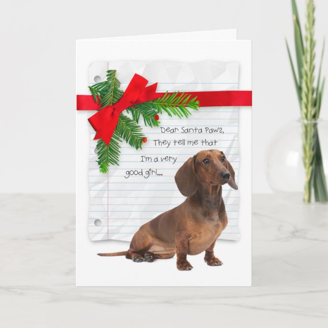 Cartão Dachshund Engraçada Boa Menina Natal (Frente)