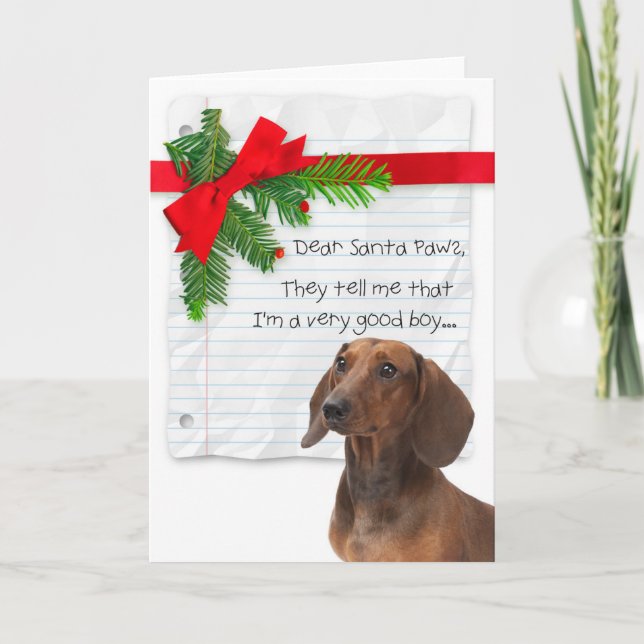 Cartão Dachshund Engraçado Bom Menino Natal (Frente)