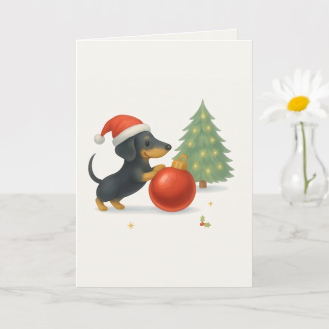 Cartão Dachshund Natal Personalizável (Planta pequena)
