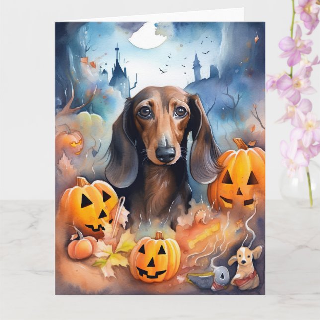 Cartão Dachshund no Halloween com Abóboras Assustadoras (Orquídea)