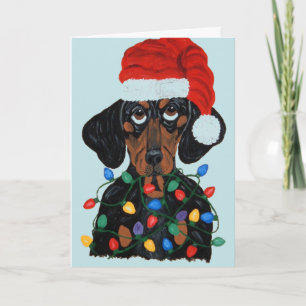 Cartão Dachshund Papai Noel Enroscado Em Luzes De Natal