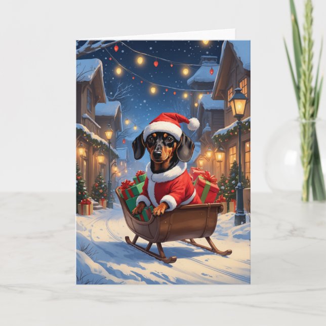 Cartão Dachshund Papais noeis Sleigh Christmas Art (Frente)