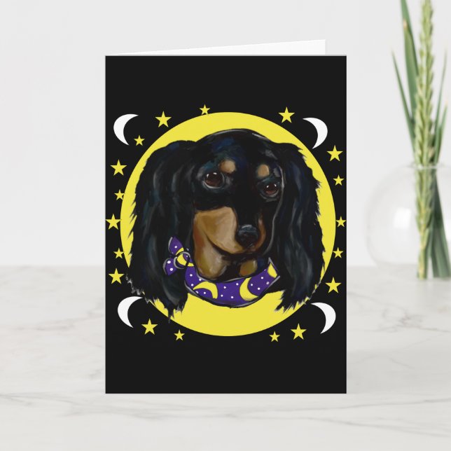 Cartão Dachshund Preto de Cabelo Longo (Frente)