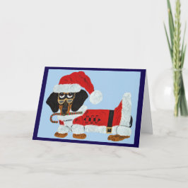 Cartão Dachshund Preto e Castanho Papai Noel com um Bastã