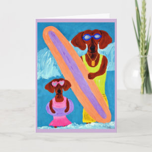 Cartão Dachshund surfista com filhote
