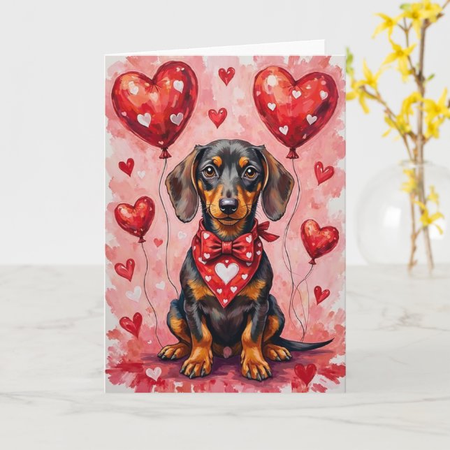Cartão Dachshund Valentine’s Day Dog with Hearts Red (Flor Amarela)