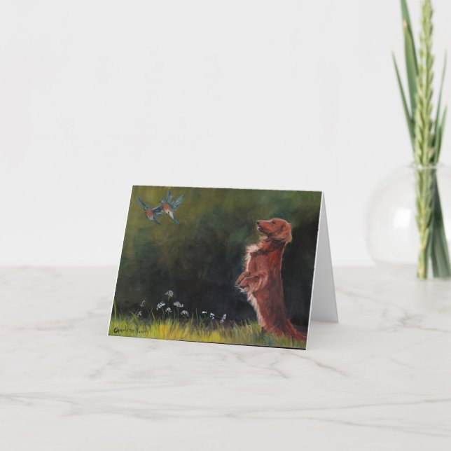 Cartão Dachshund Watching Bluebirds Dog Art Note Card (Frente)
